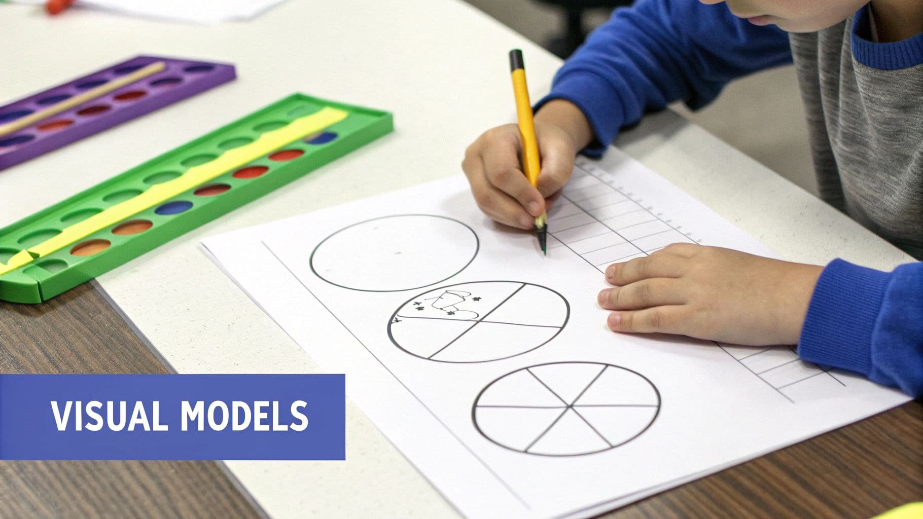 Child's hands hold a pencil, working on a worksheet with circles divided into fractions, using visual models for math.