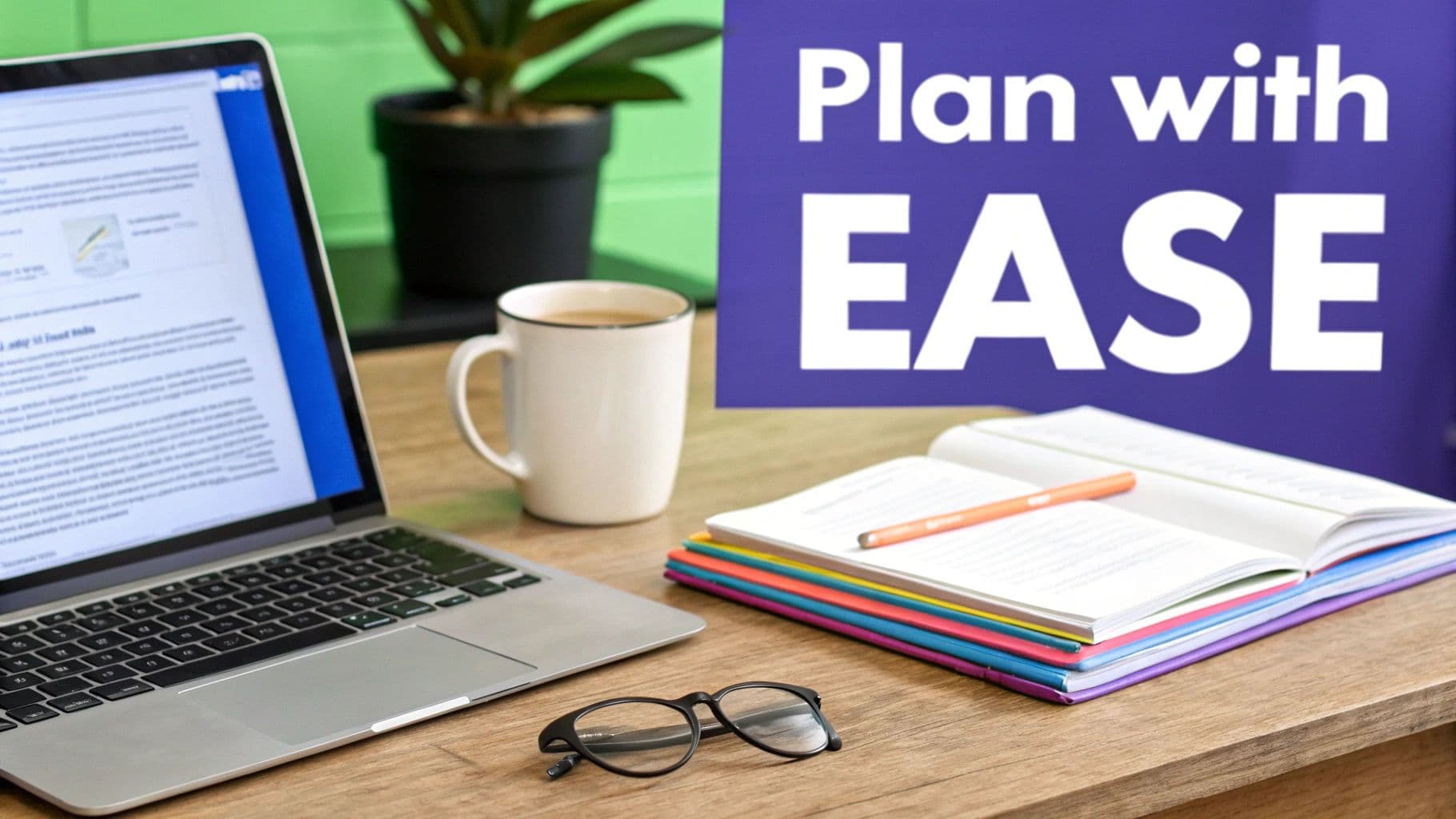 A well-organized workspace with a laptop, coffee mug, open notebook, eyeglasses, and a 'Plan with EASE' banner.