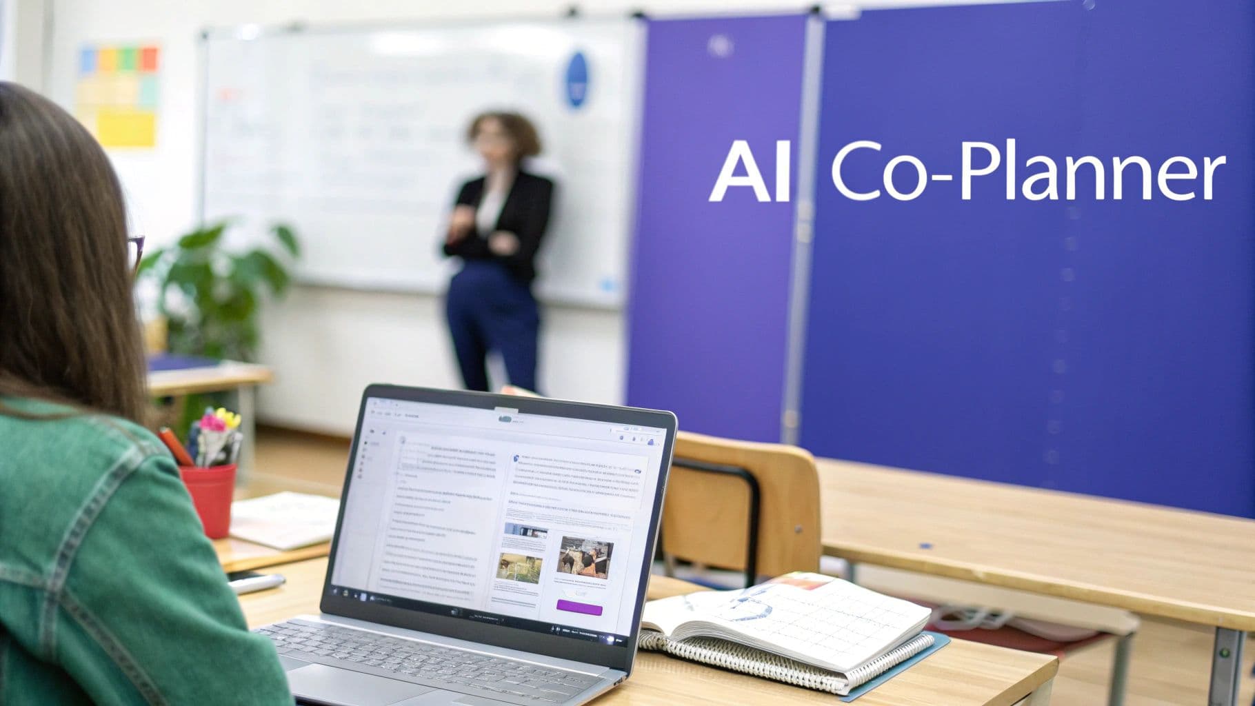 A student uses a laptop in a classroom, with 'AI Co-Planner' displayed on a blue screen.