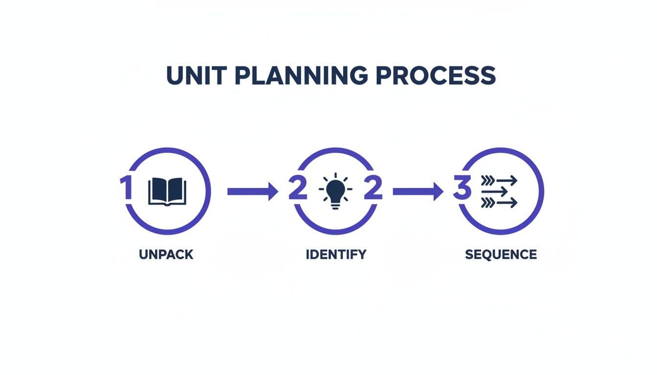 A three-step unit planning process flow: Unpack (book), Identify (lightbulb), and Sequence (arrows).