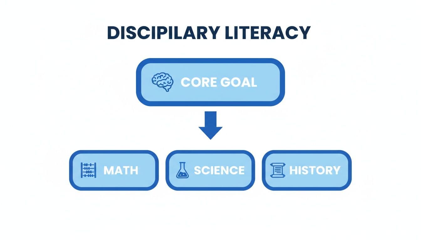 Diagram illustrating Disciplinary Literacy's core goal branching into Math, Science, and History subjects.