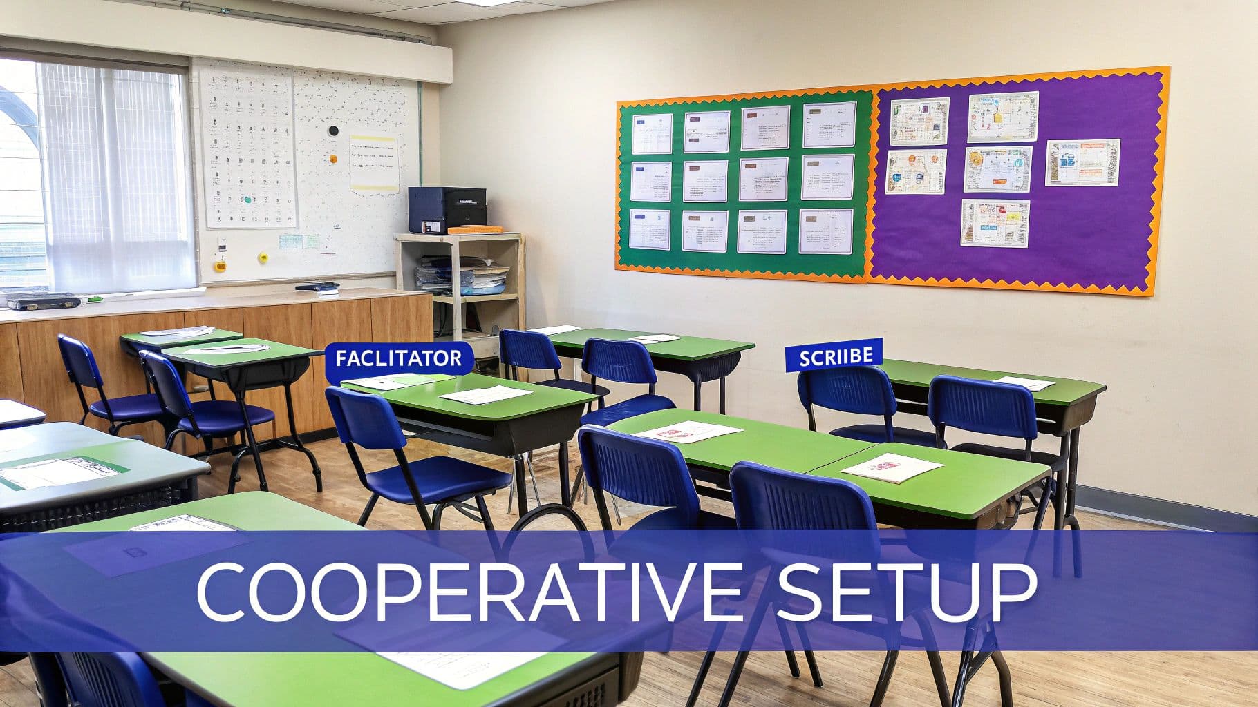 A modern classroom with green-topped desks and blue chairs arranged in groups for cooperative learning.
