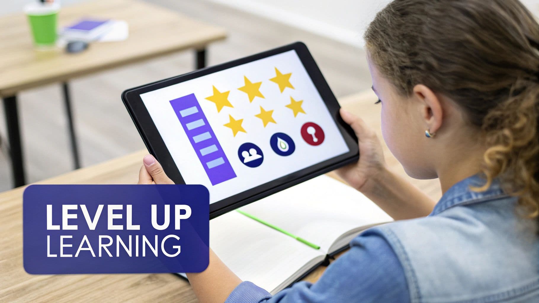 A young student engages with a tablet showing a gamified learning app with stars and icons, next to a notebook.
