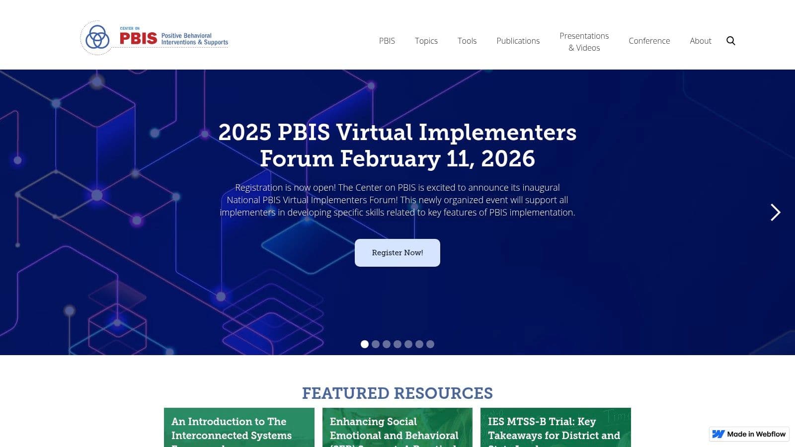 A screenshot of the Center on PBIS website's homepage, showing navigation options for topics, resources, and events.