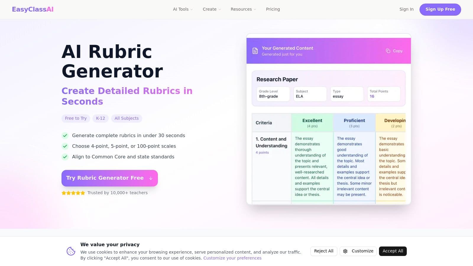 EasyClass AI (Rubric Generator + Standards Library)