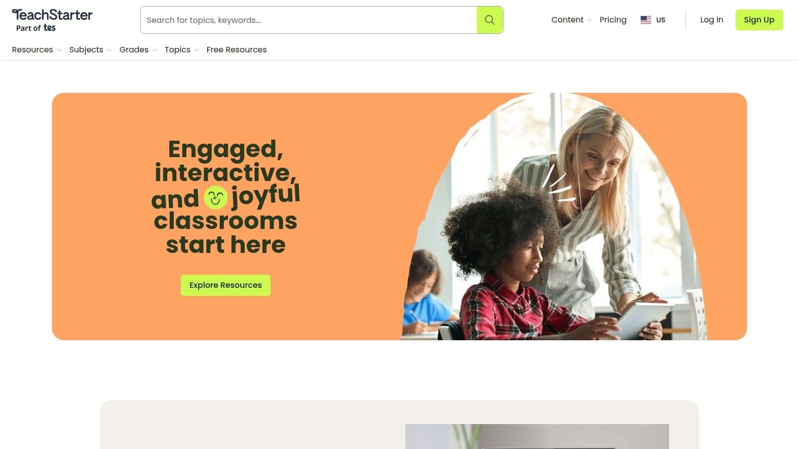 A screenshot of the Teach Starter website homepage, showing colorful graphics and a navigation bar with options like "Resources," "Plans," and "Blog."