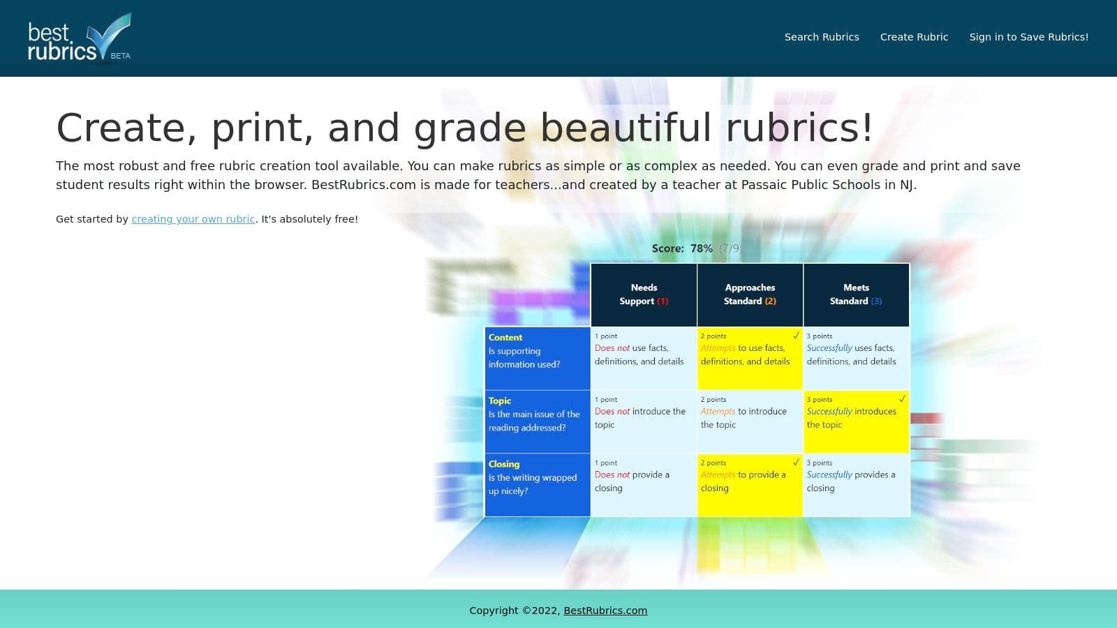 A detailed rubric example created using a free online rubric creator tool.