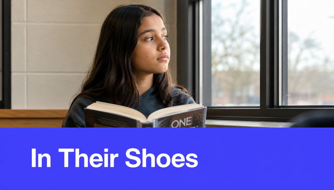 A young female student looking out a window while holding an open book in a library.