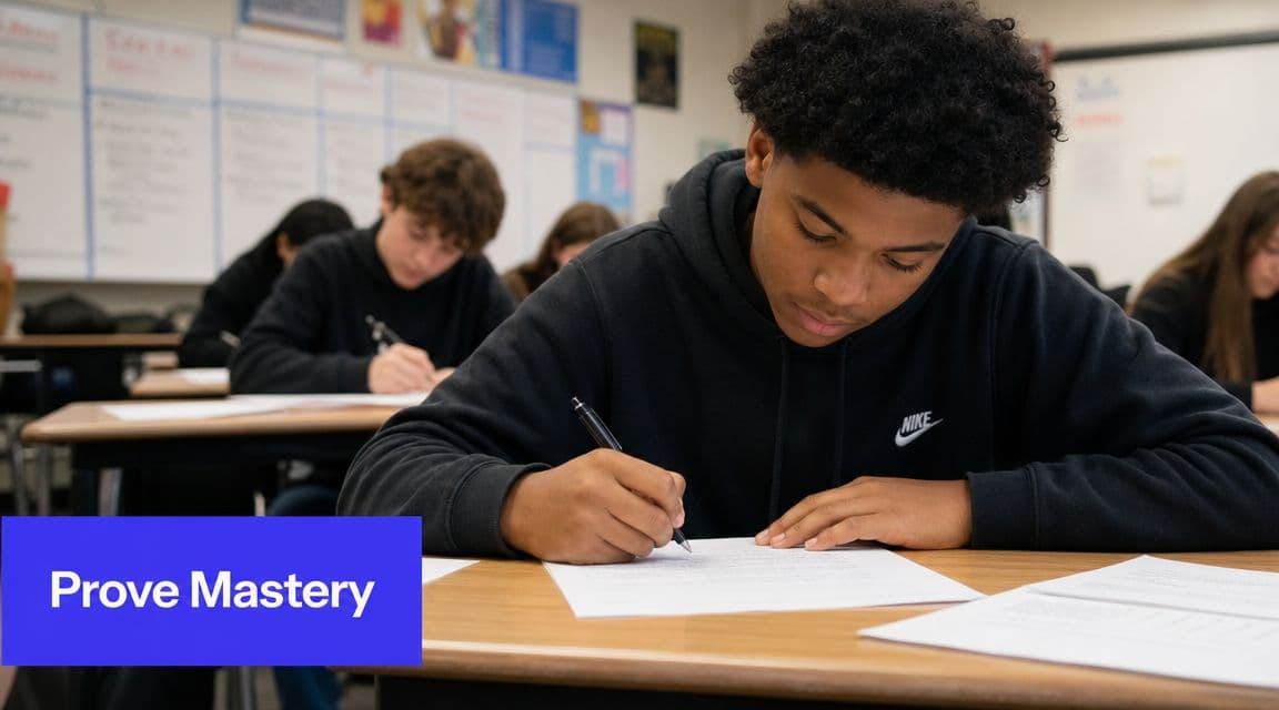 A student focused on writing on paper during an exam in a classroom setting.