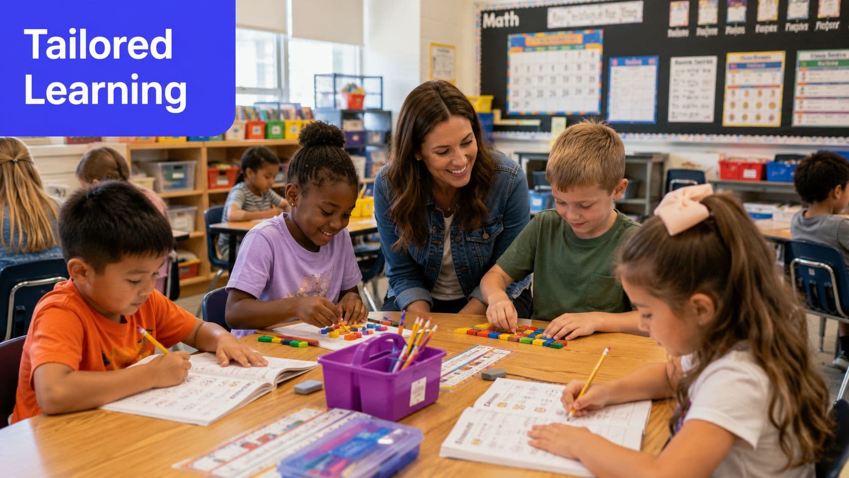 A teacher smiles while helping elementary students with math using colorful blocks and worksheets in class.