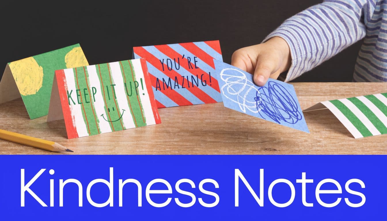 A child holds a small blue note with scribbles as several handmade kindness cards sit on a table.