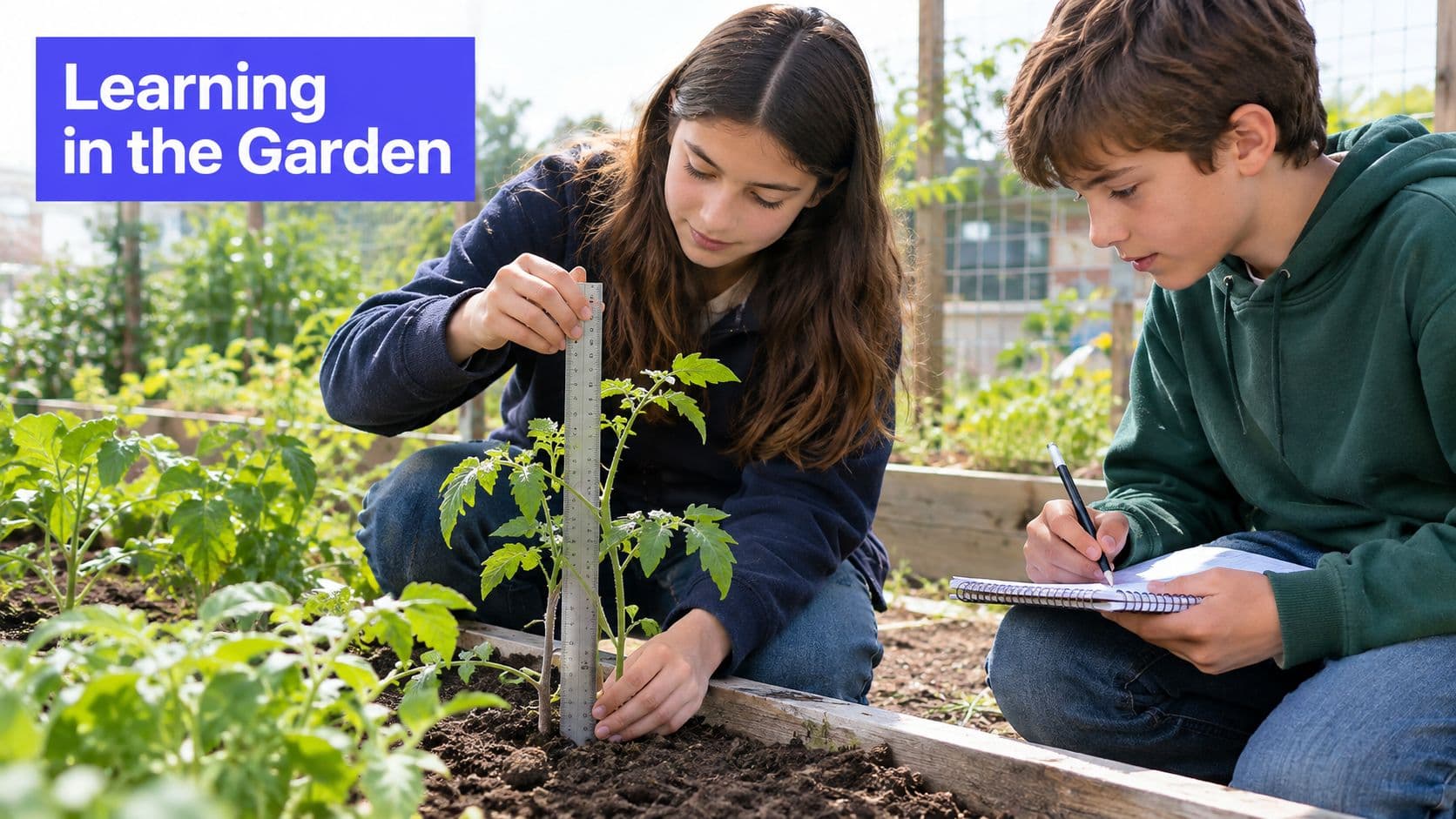 A teenage girl and boy measuring a small tomato plant in a garden as part of school
