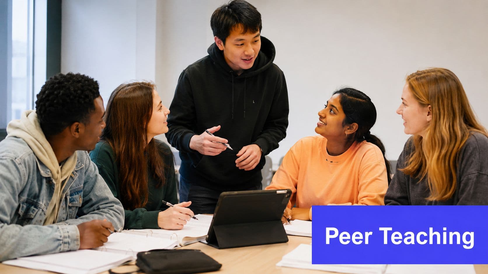 A diverse group of university students collaborating and sharing knowledge during a peer teaching study session.