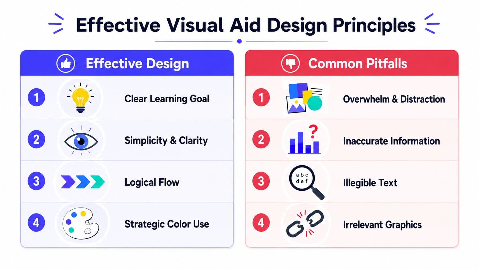 An infographic titled Effective Visual Aid Design Principles comparing effective design strategies against common presentation pitfalls.