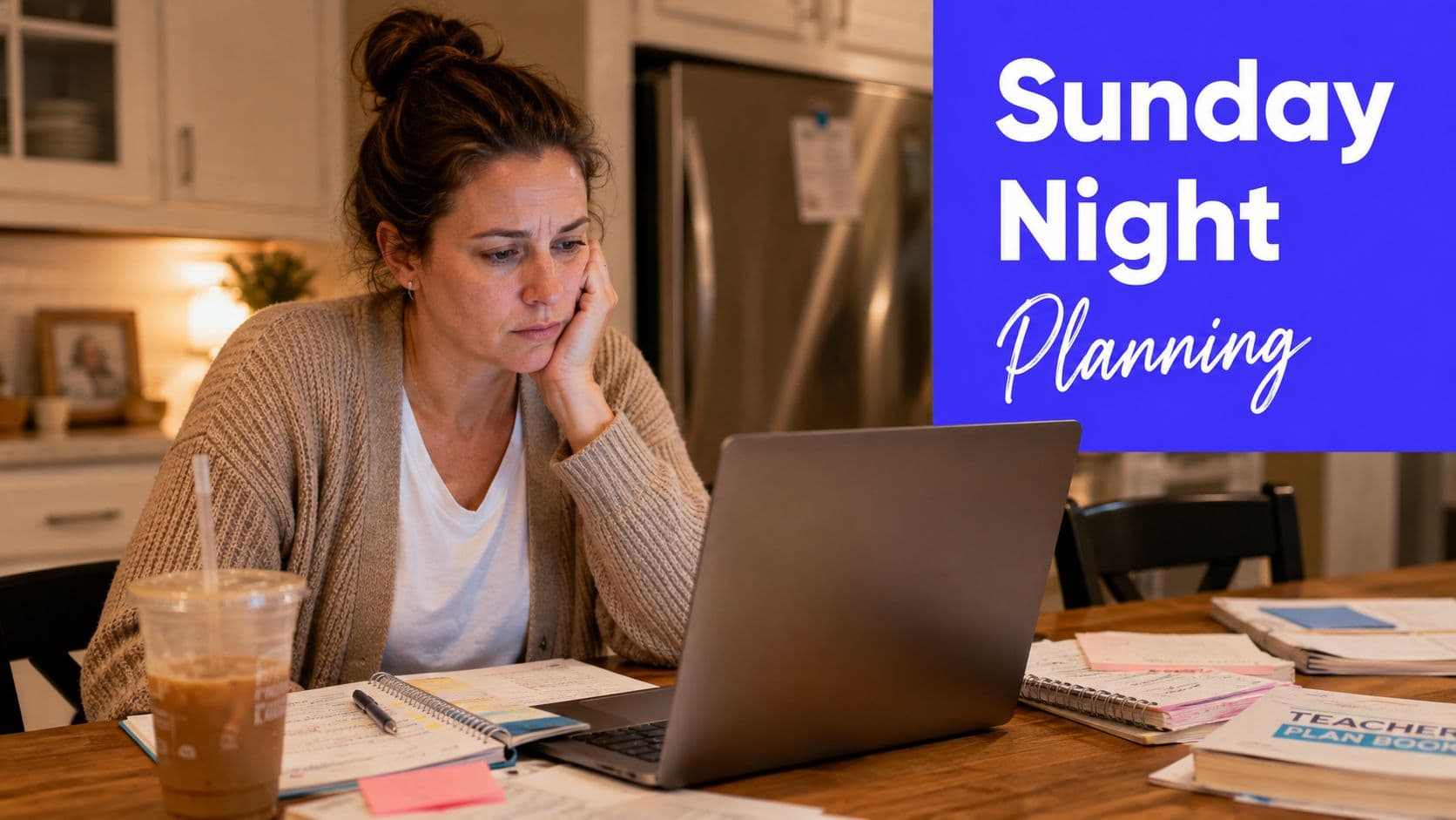A tired teacher sitting at a kitchen table working on a laptop with lesson planning materials.