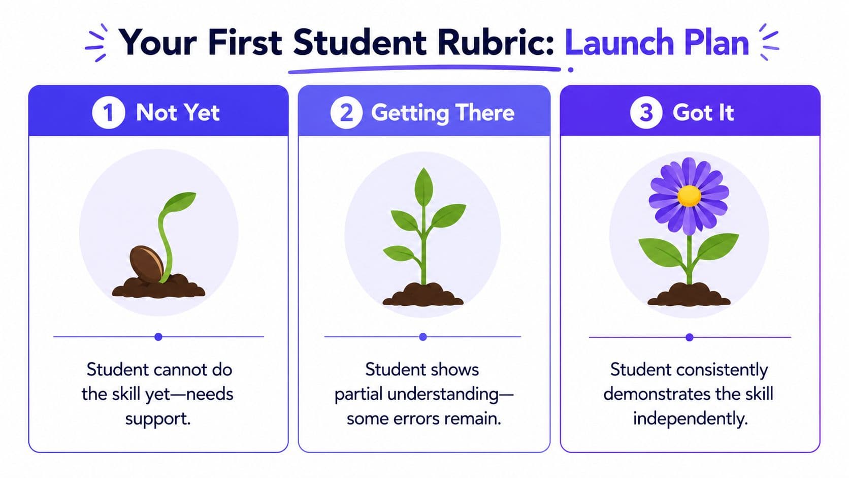 A three-level student assessment rubric titled Launch Plan showing growth from a seedling to a flower.