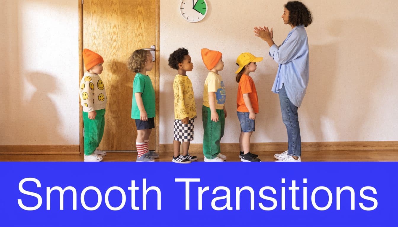 A teacher stands in front of a line of kindergarten students in a classroom for a transition.