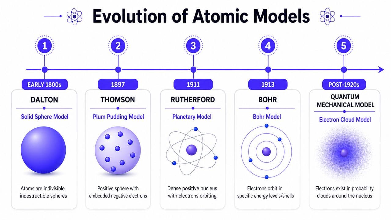 A timeline graphic showing the evolution of atomic models from Dalton to the quantum mechanical model.