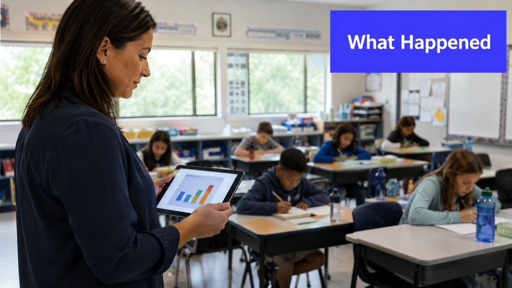 A teacher holding a tablet displaying a bar chart while observing students working in a classroom.