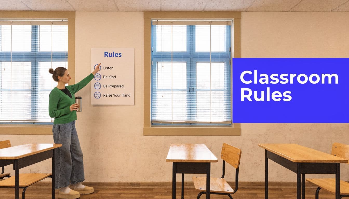 A teacher pointing at a classroom rules poster in a bright, modern classroom with desks.