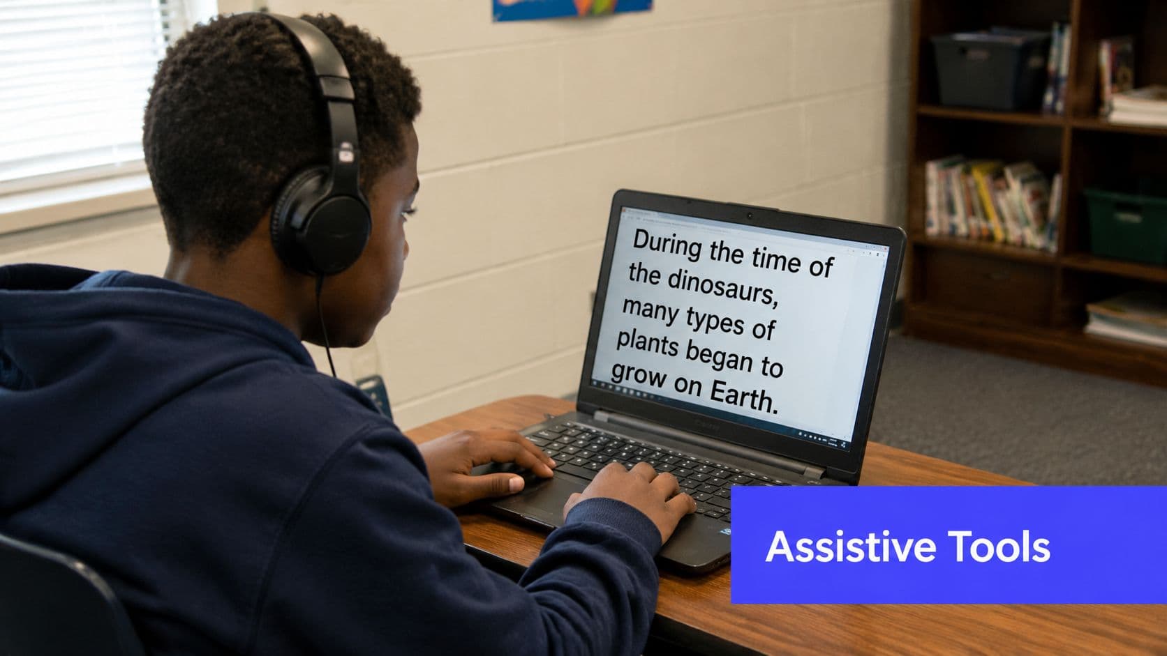 A student using assistive technology on a laptop to read educational text in a classroom.