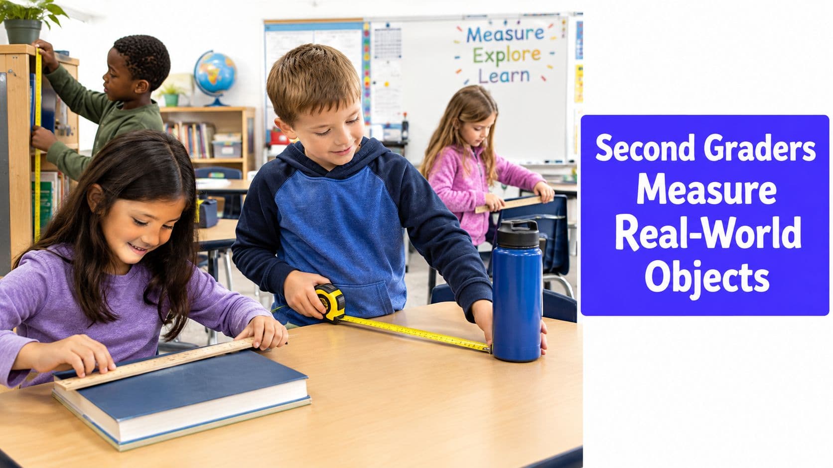 A group of second-grade students using rulers and tape measures to measure objects in a classroom.