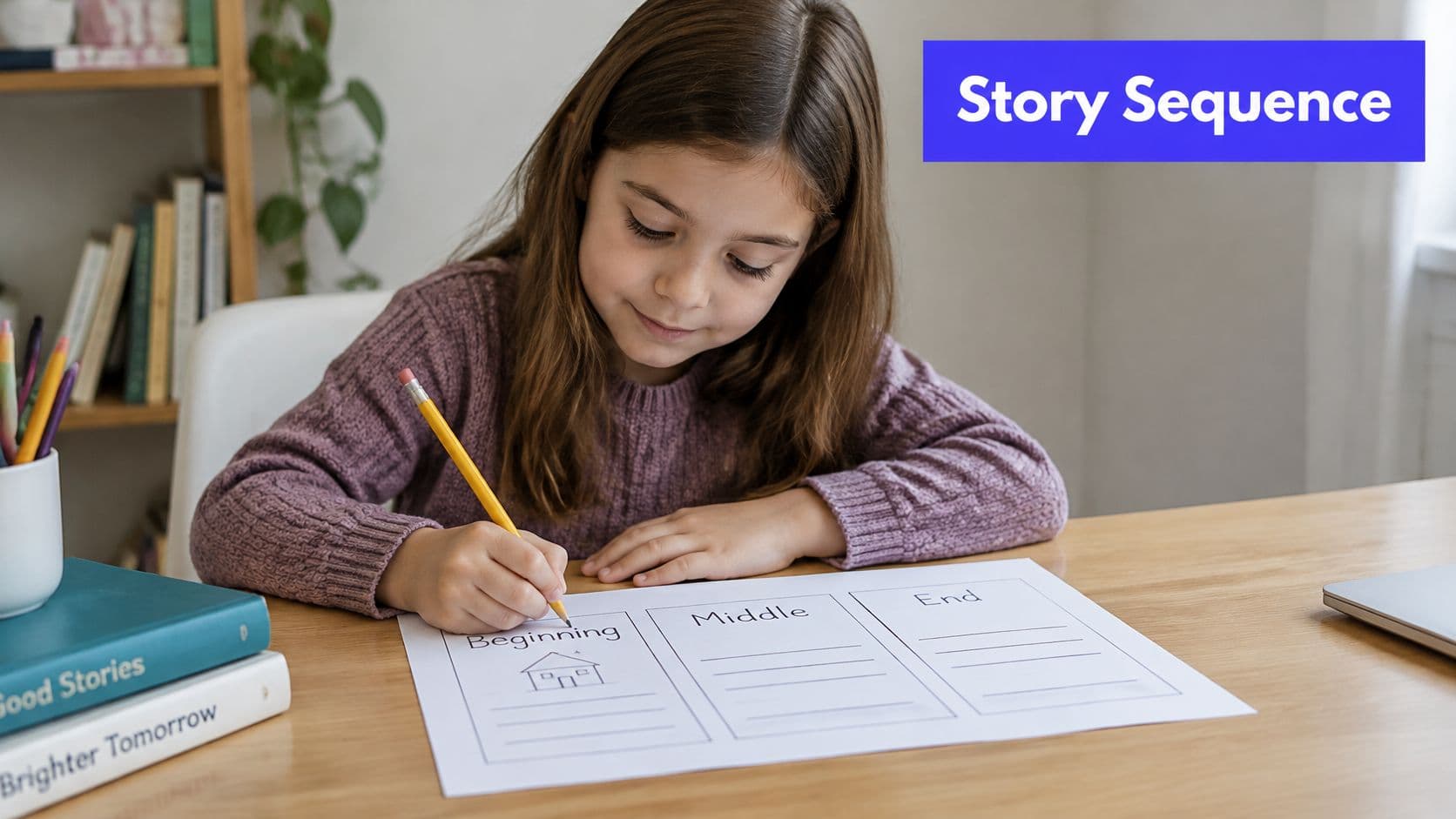 A young girl writing on a paper with Beginning, Middle, and End sections at a desk.