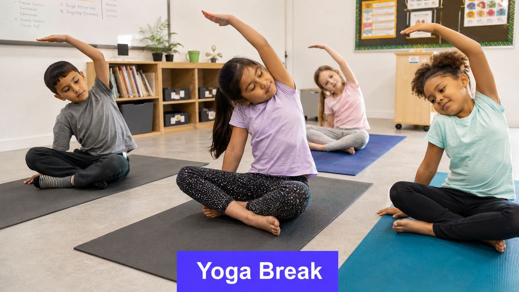 A diverse group of elementary students sitting on exercise mats doing a seated side stretch yoga pose.