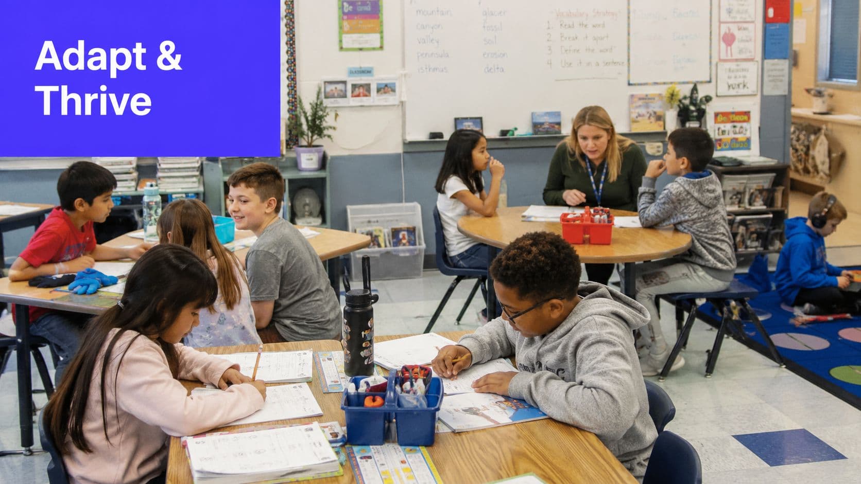 A teacher working with a small group of elementary students in a brightly lit, organized classroom setting.