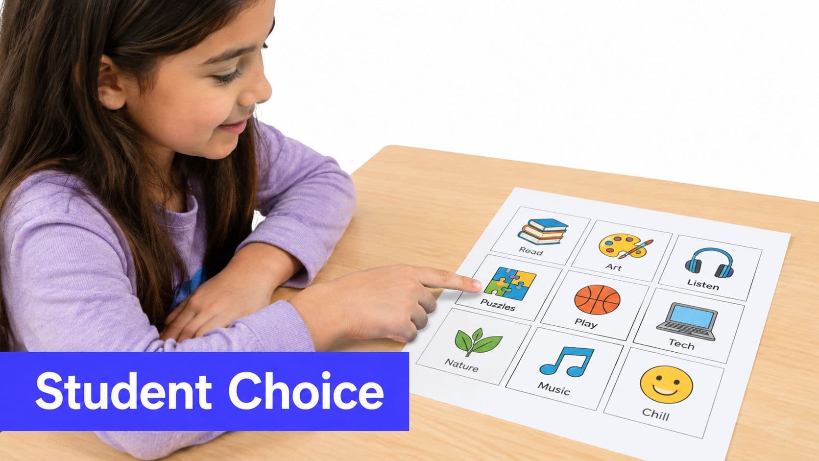 A young girl points to a choice board graphic for students featuring various activity icons and labels.