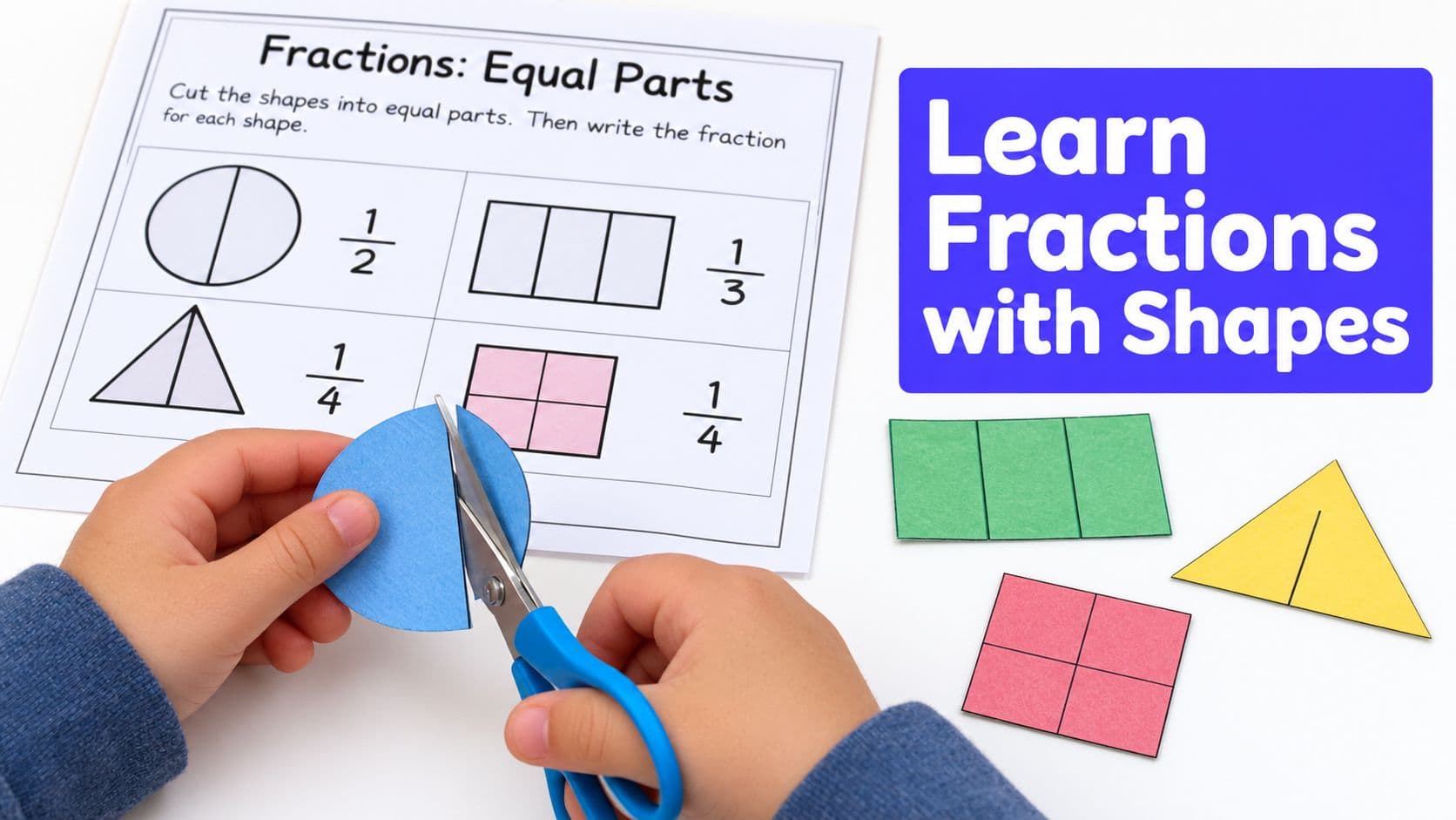 A child cutting a paper circle with scissors to learn fractions with geometric shape worksheets and models.