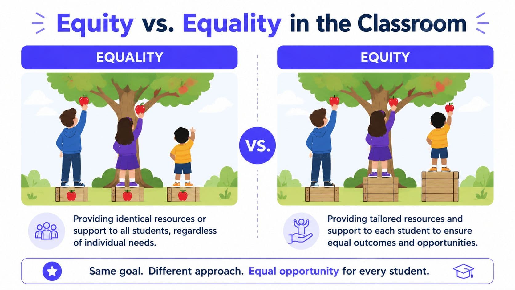 An educational infographic comparing the concepts of equality and equity in a classroom setting using apple trees.