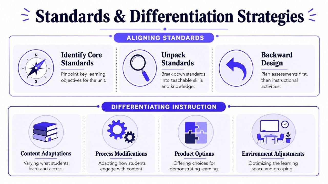A visual guide outlining strategies for aligning educational standards and differentiating instruction for effective student learning.