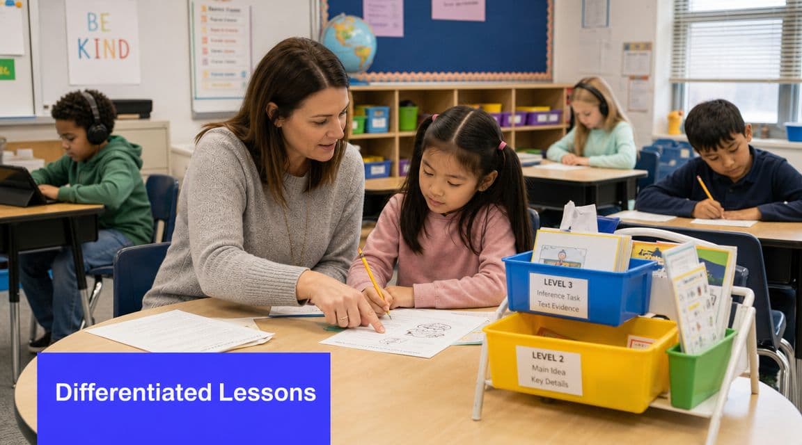 A teacher works with a student in a classroom setting featuring differentiated learning materials and activities.