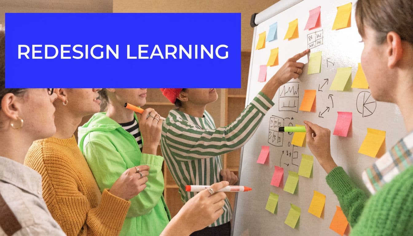 A diverse group of students collaborating and brainstorming on a whiteboard with colorful sticky notes during class.