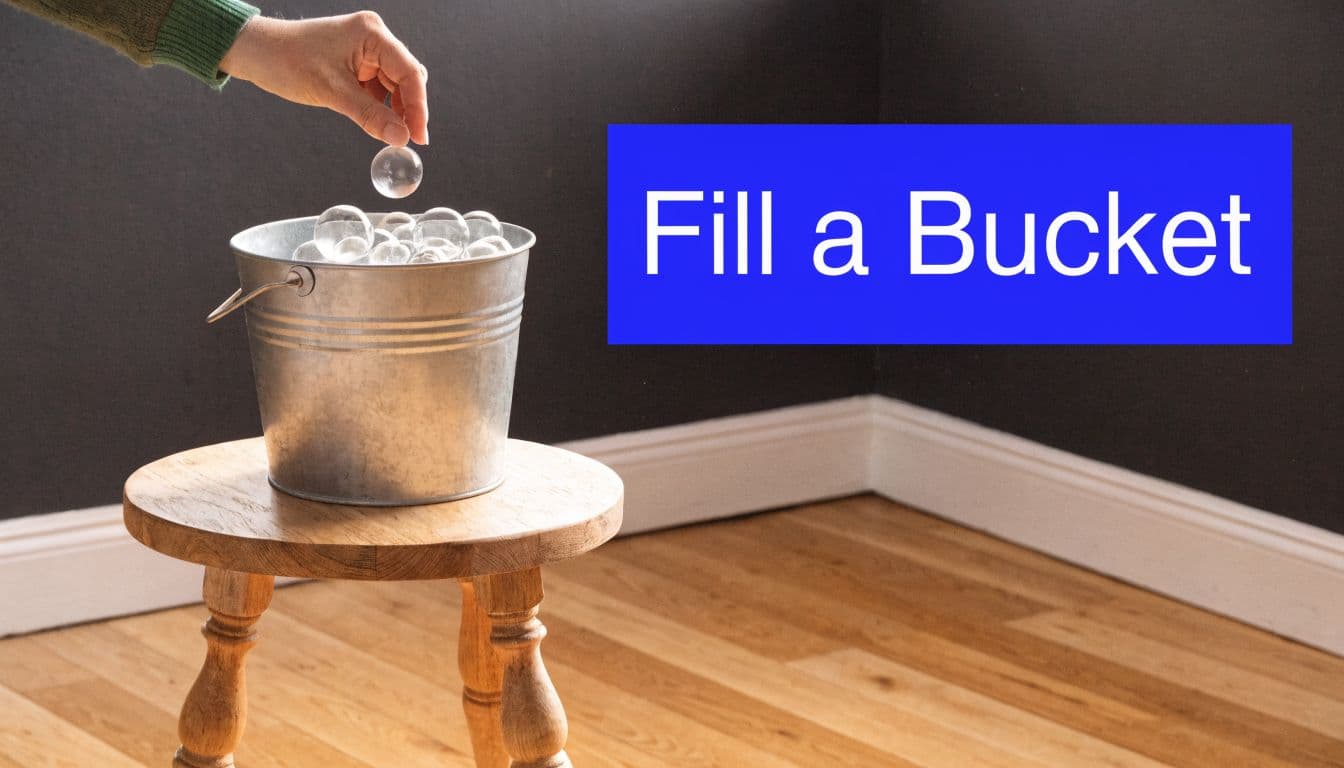 A hand places a clear glass sphere into a metal bucket sitting on a wooden stool.