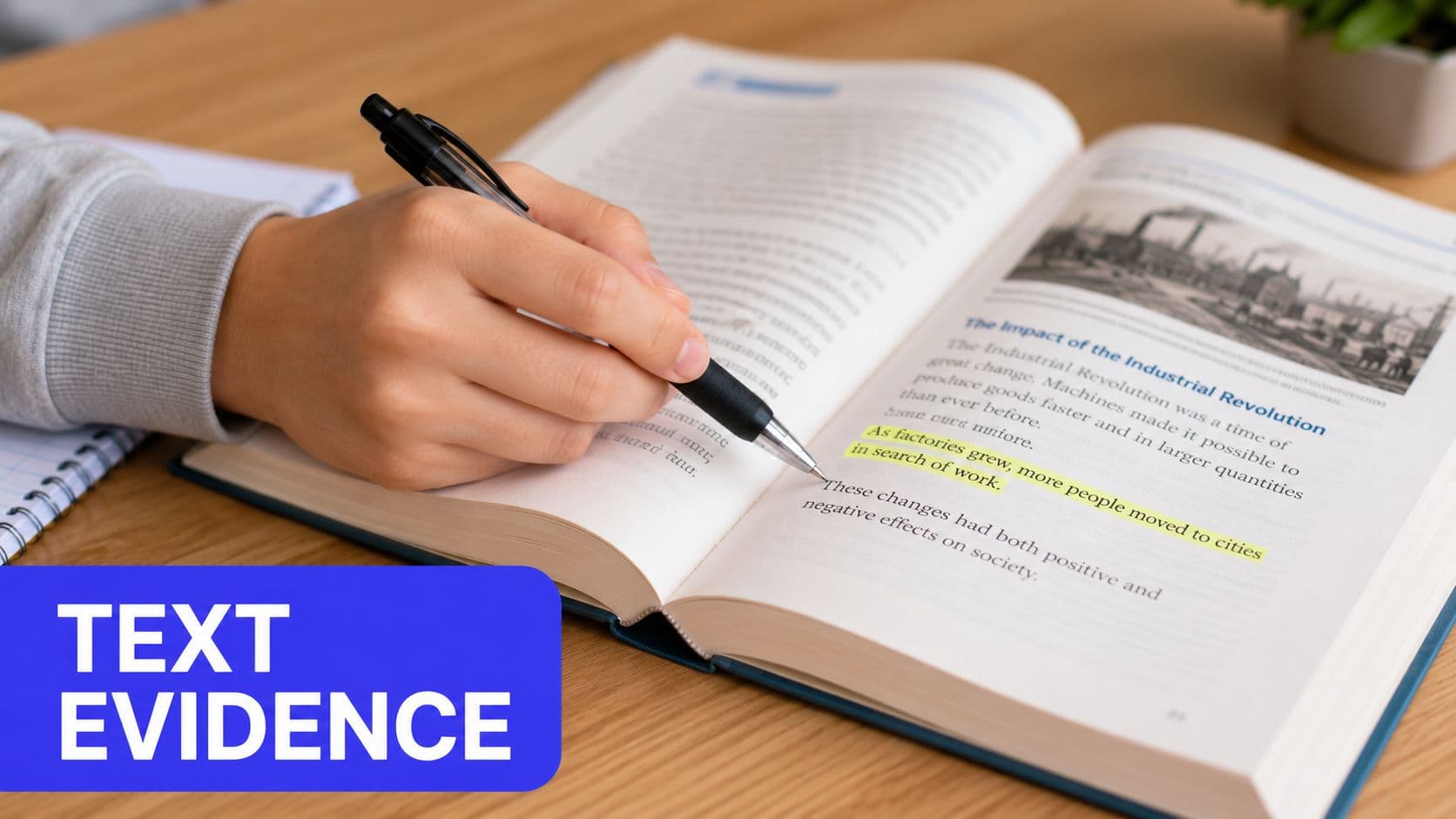 A close-up view of a person using a pen to highlight text in an open history textbook.