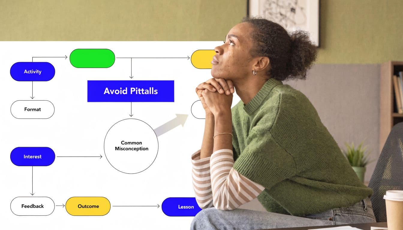 A woman contemplating a colorful flowchart about instructional design and avoiding common pedagogical pitfalls.