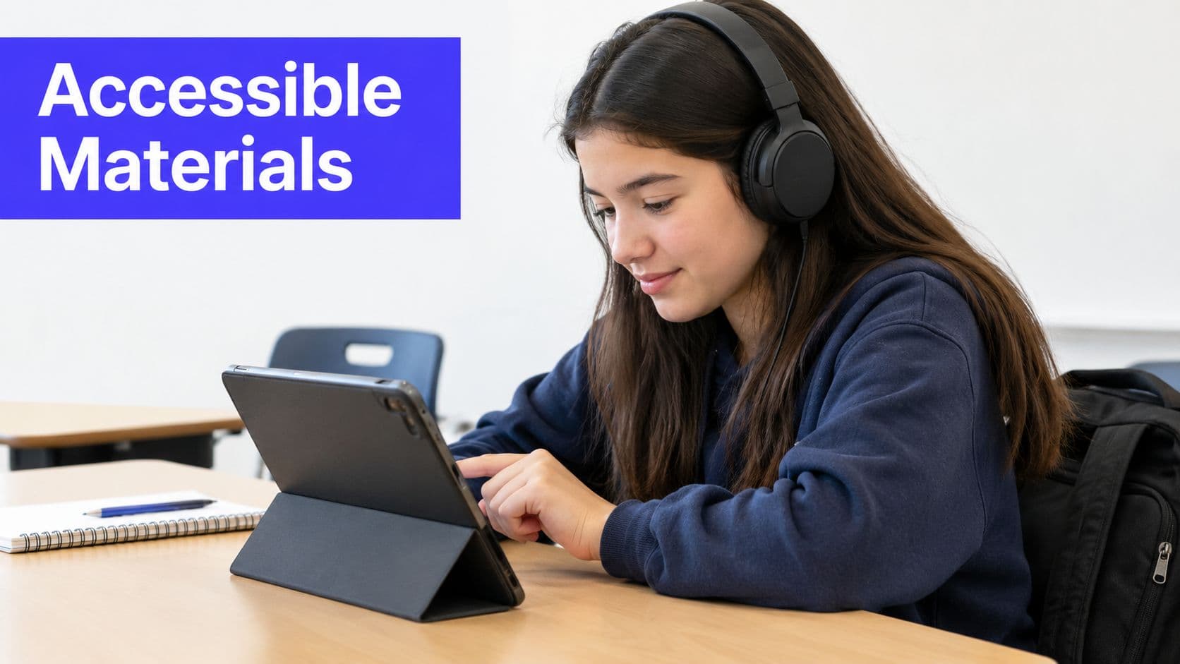 A female student wearing headphones studies on a tablet computer at a desk in a classroom.