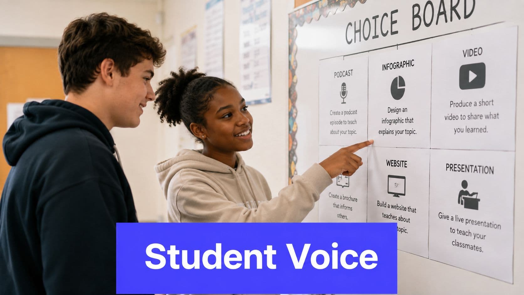 Two students collaborating in a classroom while looking at a choice board displayed on the wall.