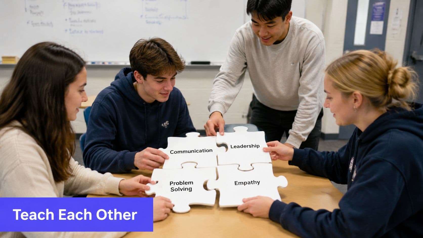 A group of students working together on a puzzle representing communication, leadership, problem solving, and empathy.