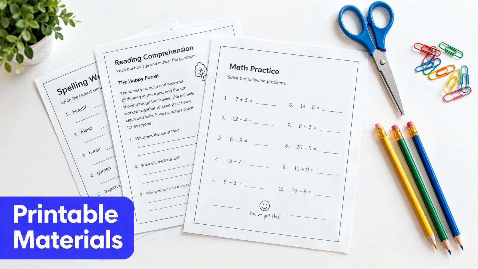 Three printed educational worksheets for children including math problems and reading comprehension on a white desk.