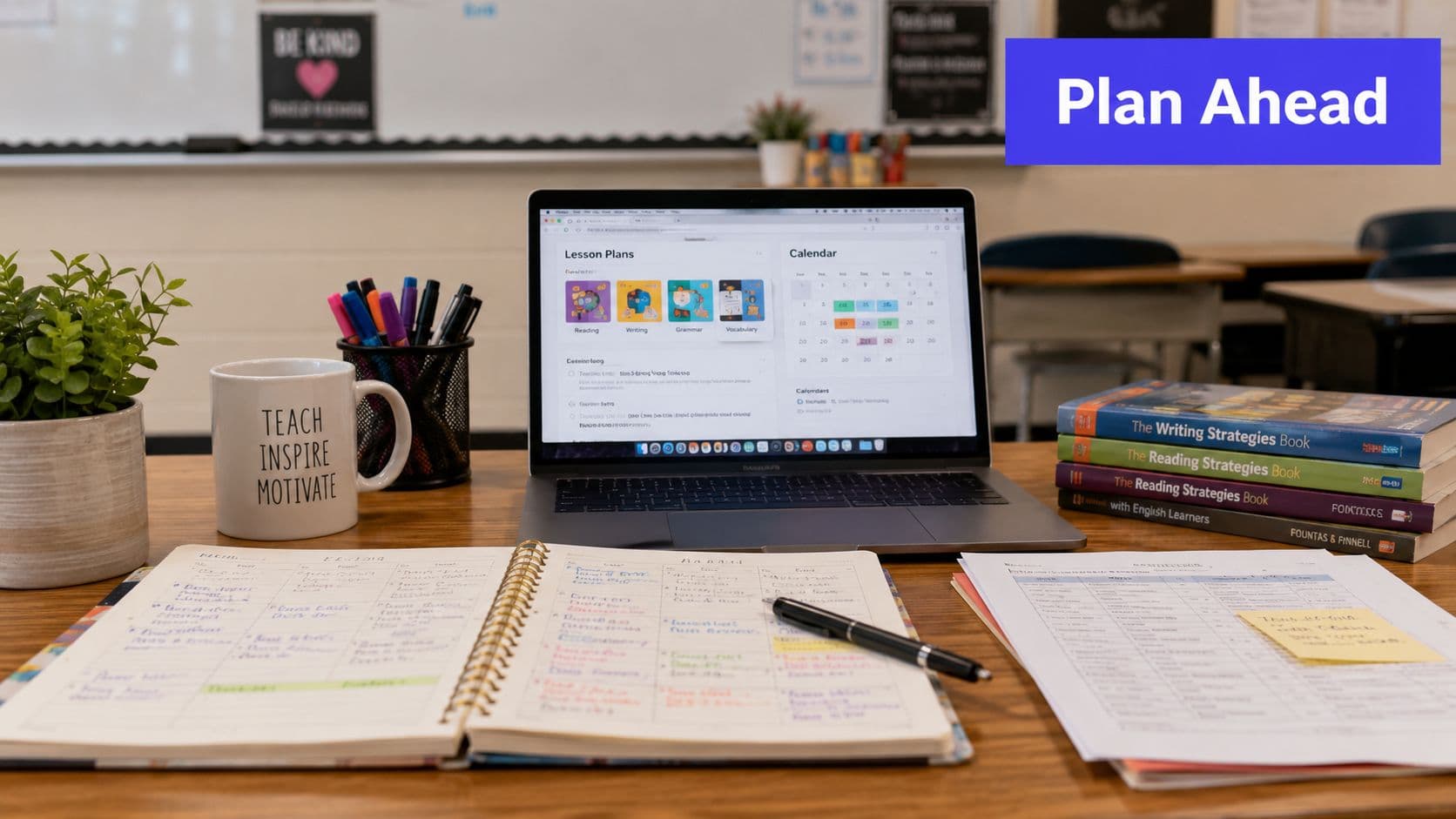 A teacher's desk featuring a laptop, open planners, pens, a mug, and reading strategy books for students.