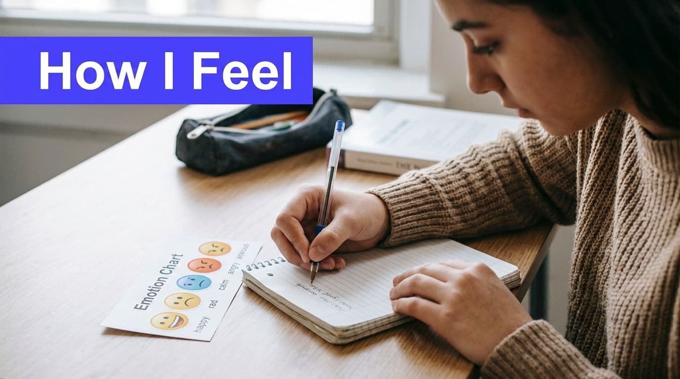 A young student writing in a notebook next to an emotion chart at a wooden desk.