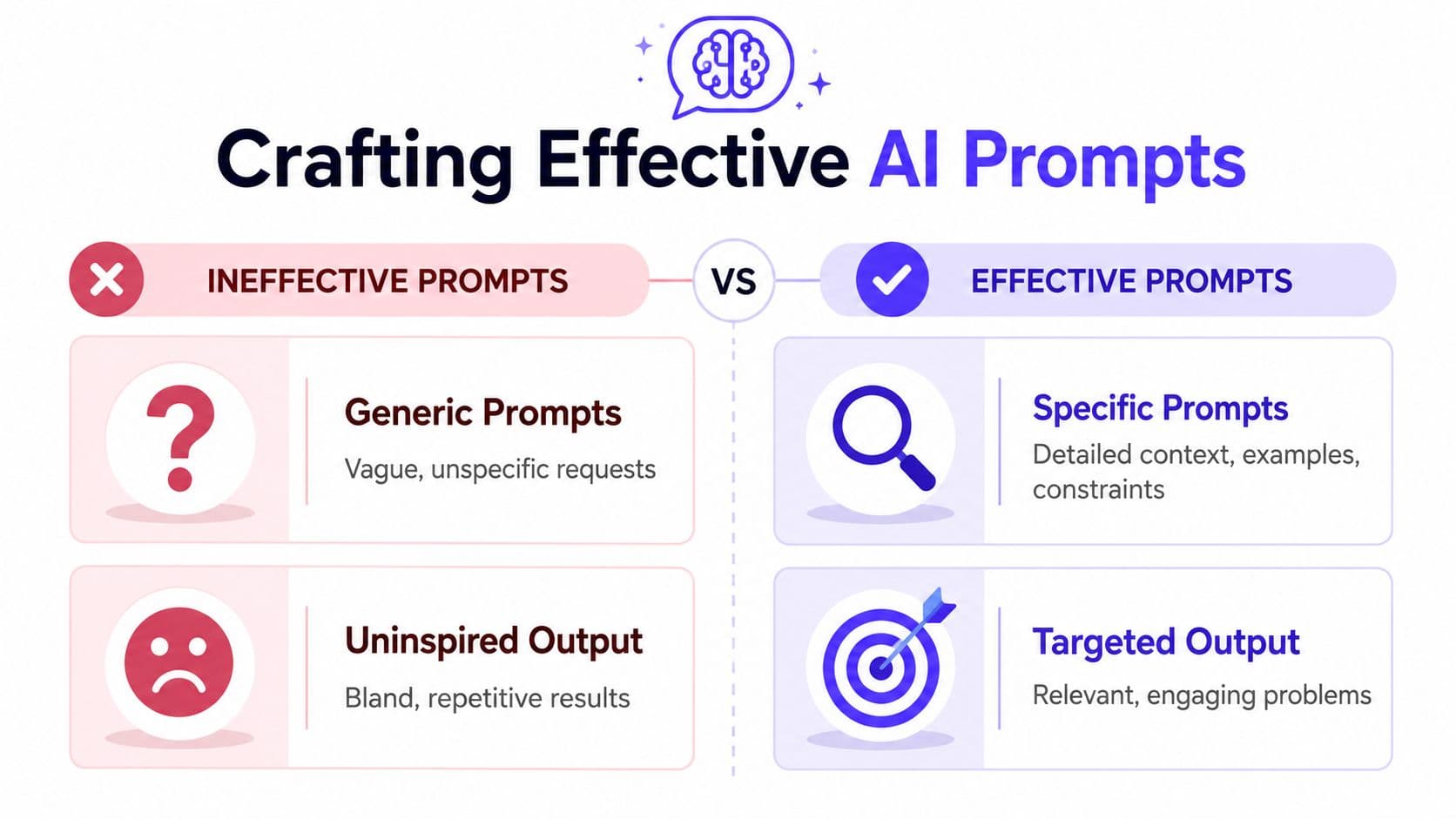 A comparison chart showing how specific prompts lead to better AI generated content than generic prompts.