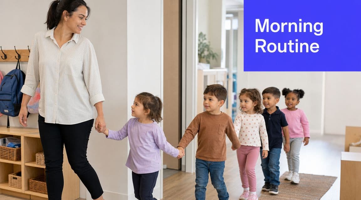 A teacher leads a line of young children holding hands down a brightly lit preschool hallway.