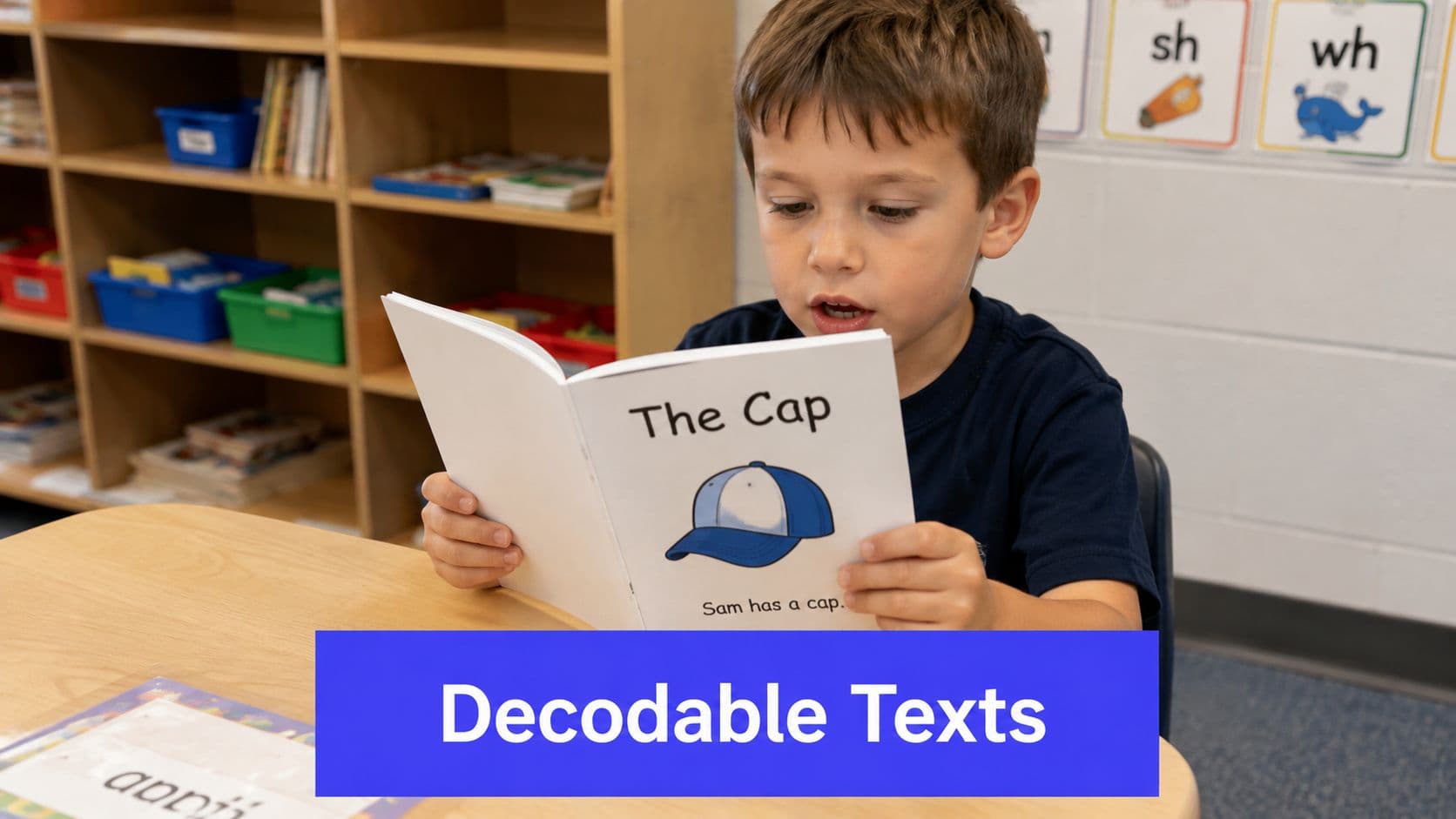 A young boy sits at a wooden desk while reading a book titled The Cap aloud.