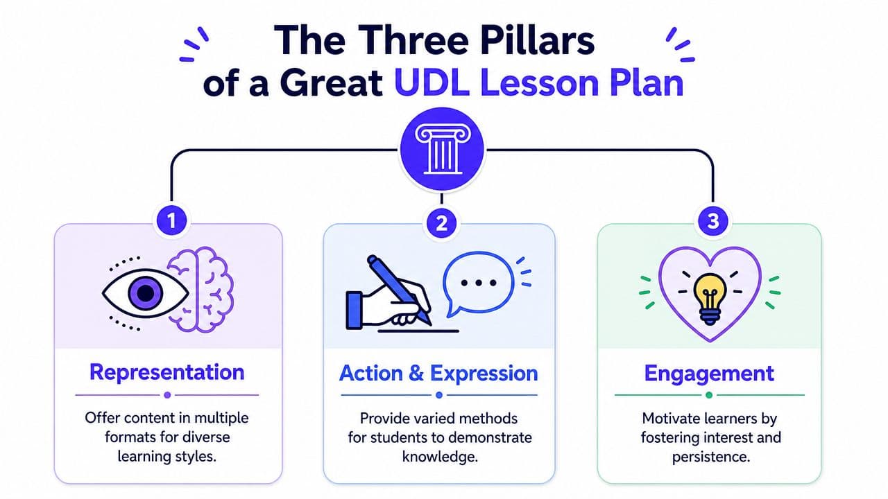 An infographic showing the three pillars of a UDL lesson plan: Representation, Action and Expression, and Engagement.