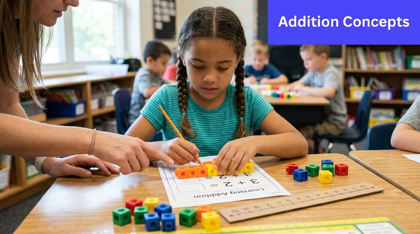 A teacher assisting a young student with addition exercises using colorful plastic building blocks in a classroom.