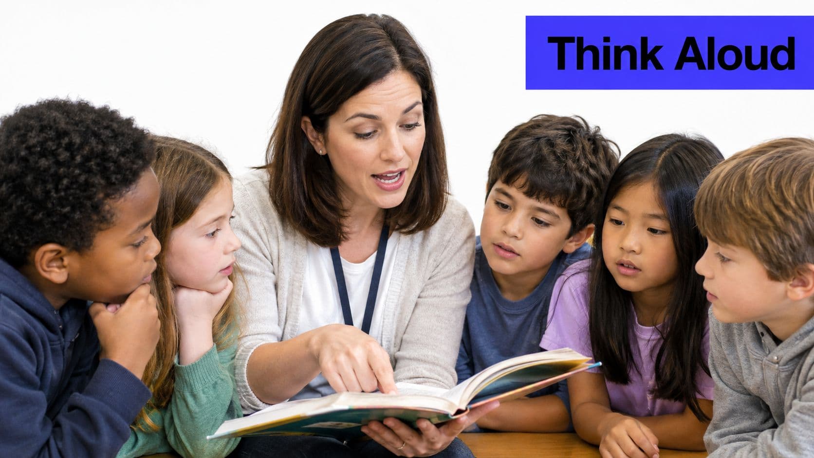 A teacher pointing at a book while reading to a diverse group of attentive young children